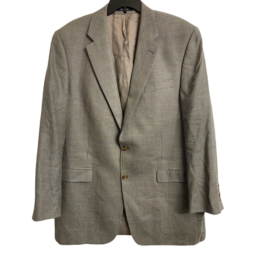 Chaps Ralph Lauren‎ Houndstooth Blazer Sport Coat Blue Tan 2 Button Jacket
